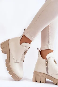 Boto Botki Zimowe Damskie|Brązowe I Beżowe Botki*Damskie Skórzane Botki Z Ozdobą Jasnobeżowe Lemar Maley