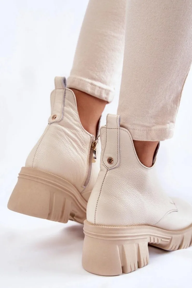 Boto Botki Zimowe Damskie|Brązowe I Beżowe Botki*Damskie Skórzane Botki Z Ozdobą Jasnobeżowe Lemar Maley