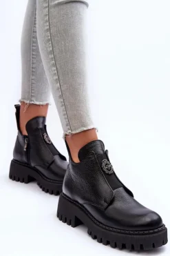 Damskie Boto Damskie Skórzane Botki Z Ozdobą Czarne Lemar Lusanna