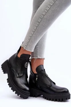 Damskie Boto Damskie Skórzane Botki Z Ozdobą Czarne Lemar Lusanna