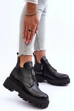 Damskie Boto Damskie Skórzane Botki Z Ozdobą Czarne Lemar Lusanna