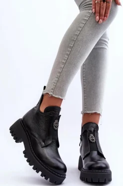 Damskie Boto Damskie Skórzane Botki Z Ozdobą Czarne Lemar Lusanna