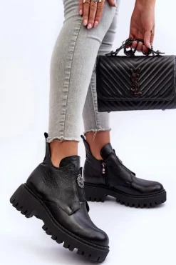 Damskie Boto Damskie Skórzane Botki Z Ozdobą Czarne Lemar Lusanna