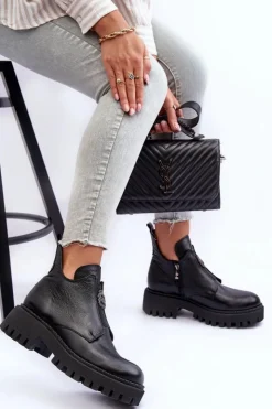 Damskie Boto Damskie Skórzane Botki Z Ozdobą Czarne Lemar Lusanna