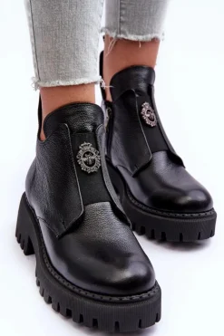 Damskie Boto Damskie Skórzane Botki Z Ozdobą Czarne Lemar Lusanna