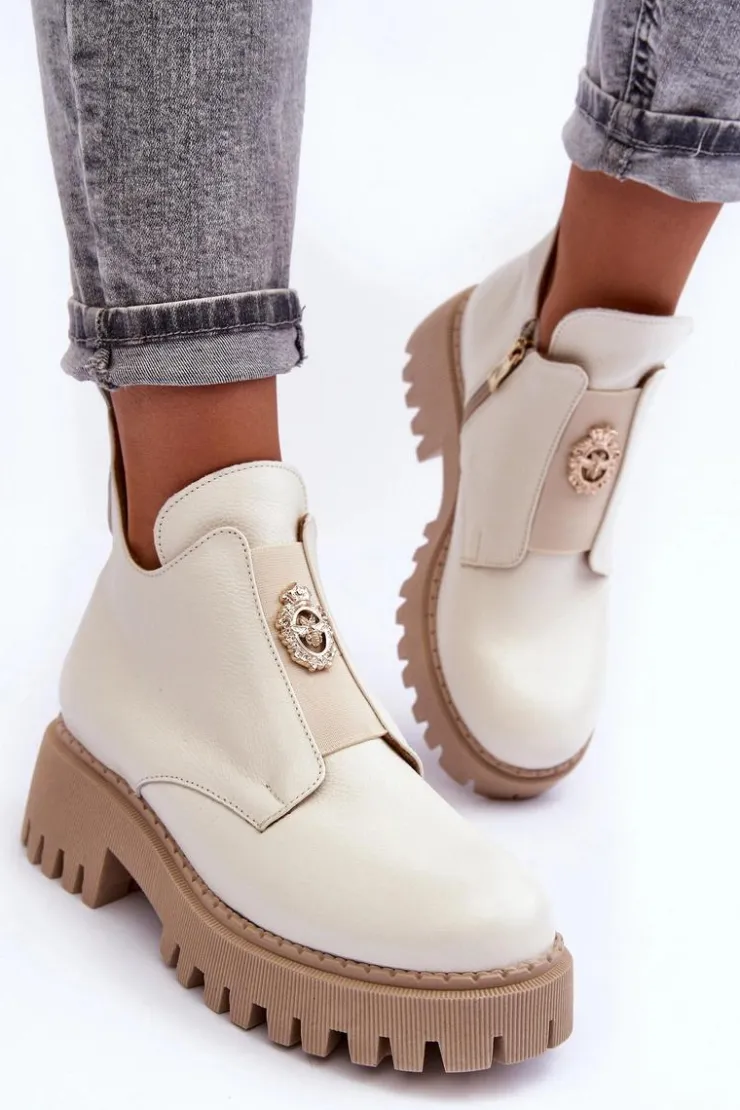 New Boto Damskie Skórzane Botki Z Ozdobą Jasnobeżowe Lemar Lusanna