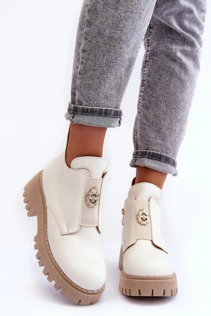 New Boto Damskie Skórzane Botki Z Ozdobą Jasnobeżowe Lemar Lusanna