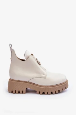 New Boto Damskie Skórzane Botki Z Ozdobą Jasnobeżowe Lemar Lusanna