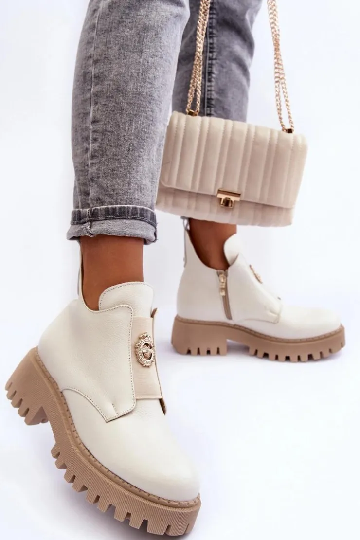 New Boto Damskie Skórzane Botki Z Ozdobą Jasnobeżowe Lemar Lusanna