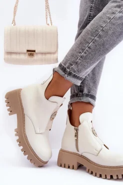 New Boto Damskie Skórzane Botki Z Ozdobą Jasnobeżowe Lemar Lusanna