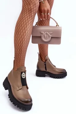 Discount Boto Damskie Skórzane Botki Z Ozdobą Beżowe Lemar Lusanna