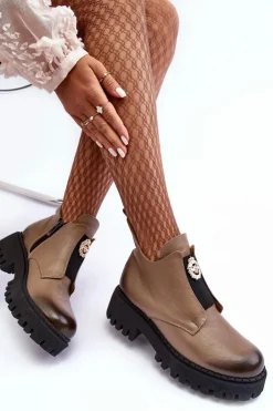 Discount Boto Damskie Skórzane Botki Z Ozdobą Beżowe Lemar Lusanna