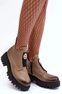 Discount Boto Damskie Skórzane Botki Z Ozdobą Beżowe Lemar Lusanna