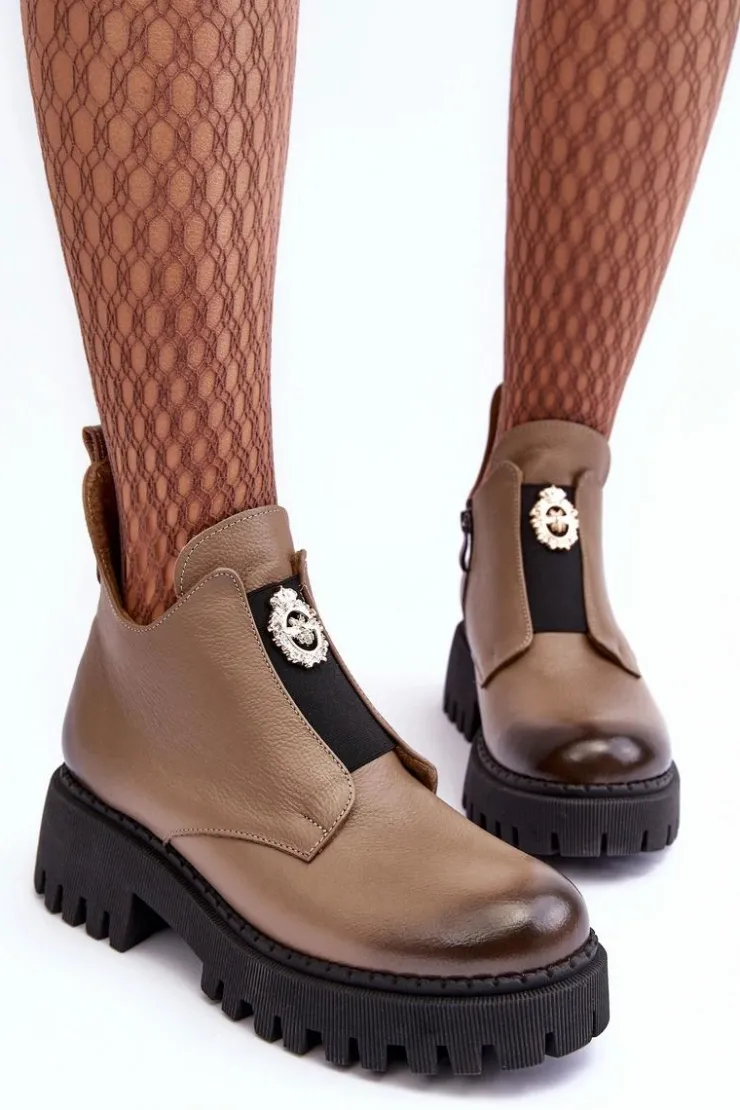 Discount Boto Damskie Skórzane Botki Z Ozdobą Beżowe Lemar Lusanna