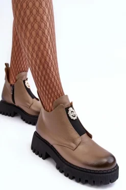 Discount Boto Damskie Skórzane Botki Z Ozdobą Beżowe Lemar Lusanna