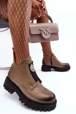 Discount Boto Damskie Skórzane Botki Z Ozdobą Beżowe Lemar Lusanna