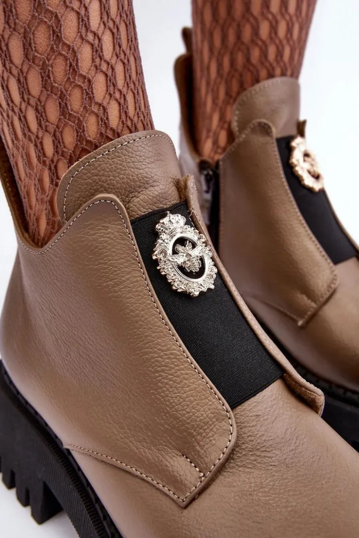 Discount Boto Damskie Skórzane Botki Z Ozdobą Beżowe Lemar Lusanna