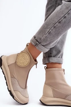 Damskie Maciejka Damskie Skórzane Botki Z Suwakiem 06297-22 Beżowe