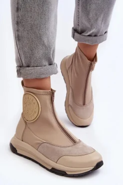 Damskie Maciejka Damskie Skórzane Botki Z Suwakiem 06297-22 Beżowe