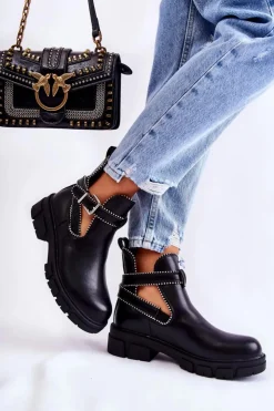 Outlet Boto Damskie Skórzane Botki Z Ćwiekami Czarne Clares