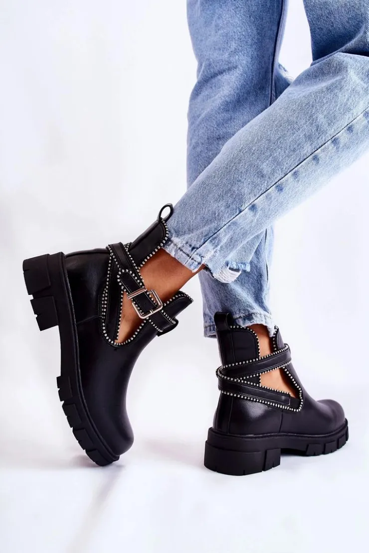 Outlet Boto Damskie Skórzane Botki Z Ćwiekami Czarne Clares