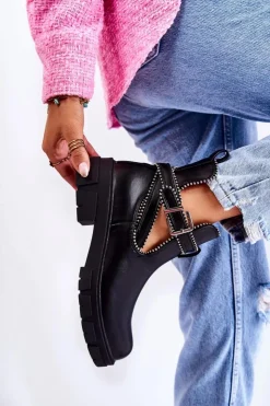 Outlet Boto Damskie Skórzane Botki Z Ćwiekami Czarne Clares