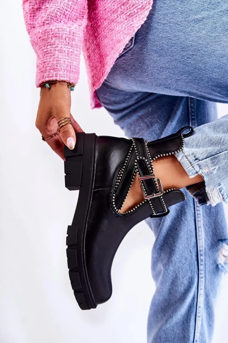 Outlet Boto Damskie Skórzane Botki Z Ćwiekami Czarne Clares