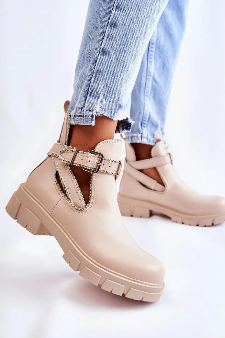 Boto Brązowe I Beżowe Botki|Botki Płaskie*Damskie Skórzane Botki Z Ćwiekami Beżowe Clares