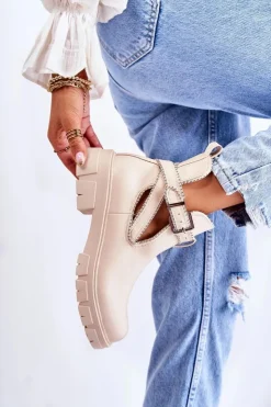 Boto Brązowe I Beżowe Botki|Botki Płaskie*Damskie Skórzane Botki Z Ćwiekami Beżowe Clares