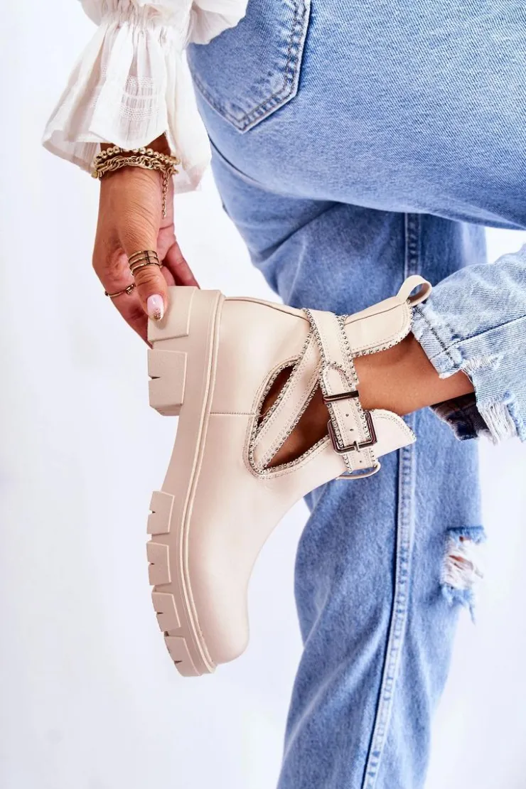 Boto Brązowe I Beżowe Botki|Botki Płaskie*Damskie Skórzane Botki Z Ćwiekami Beżowe Clares