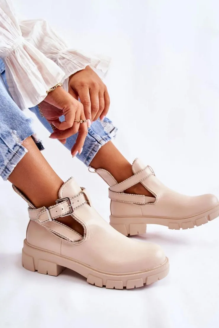 Boto Brązowe I Beżowe Botki|Botki Płaskie*Damskie Skórzane Botki Z Ćwiekami Beżowe Clares