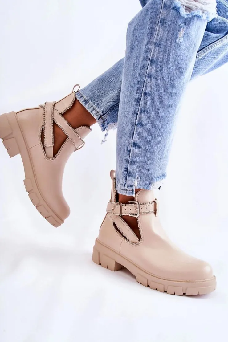 Boto Brązowe I Beżowe Botki|Botki Płaskie*Damskie Skórzane Botki Z Ćwiekami Beżowe Clares