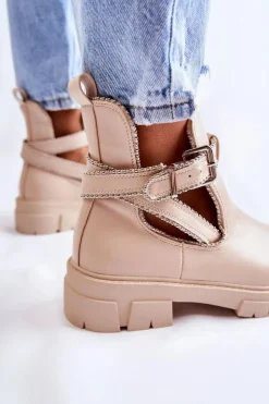 Boto Brązowe I Beżowe Botki|Botki Płaskie*Damskie Skórzane Botki Z Ćwiekami Beżowe Clares