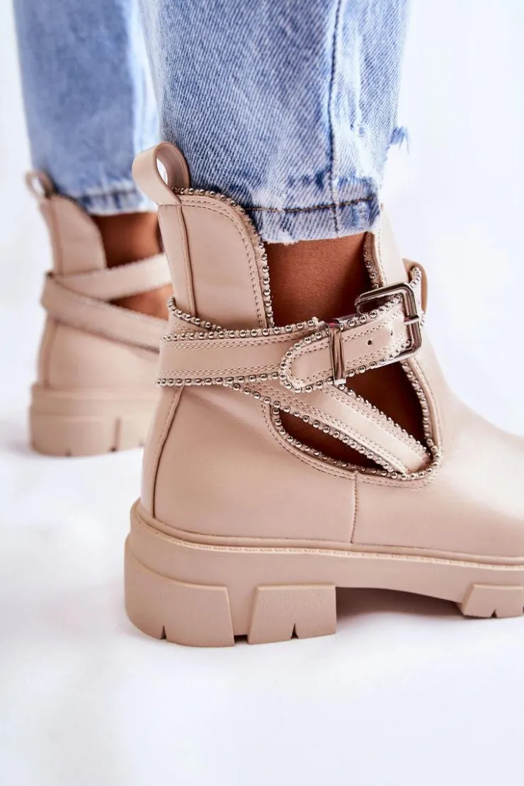 Boto Brązowe I Beżowe Botki|Botki Płaskie*Damskie Skórzane Botki Z Ćwiekami Beżowe Clares