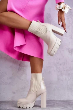 Boto Botki Na Słupku|Brązowe I Beżowe Botki*Damskie Skórzane Botki Ze Skarpetą Beżowe Adalyn