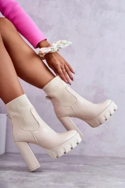 Boto Botki Na Słupku|Brązowe I Beżowe Botki*Damskie Skórzane Botki Ze Skarpetą Beżowe Adalyn