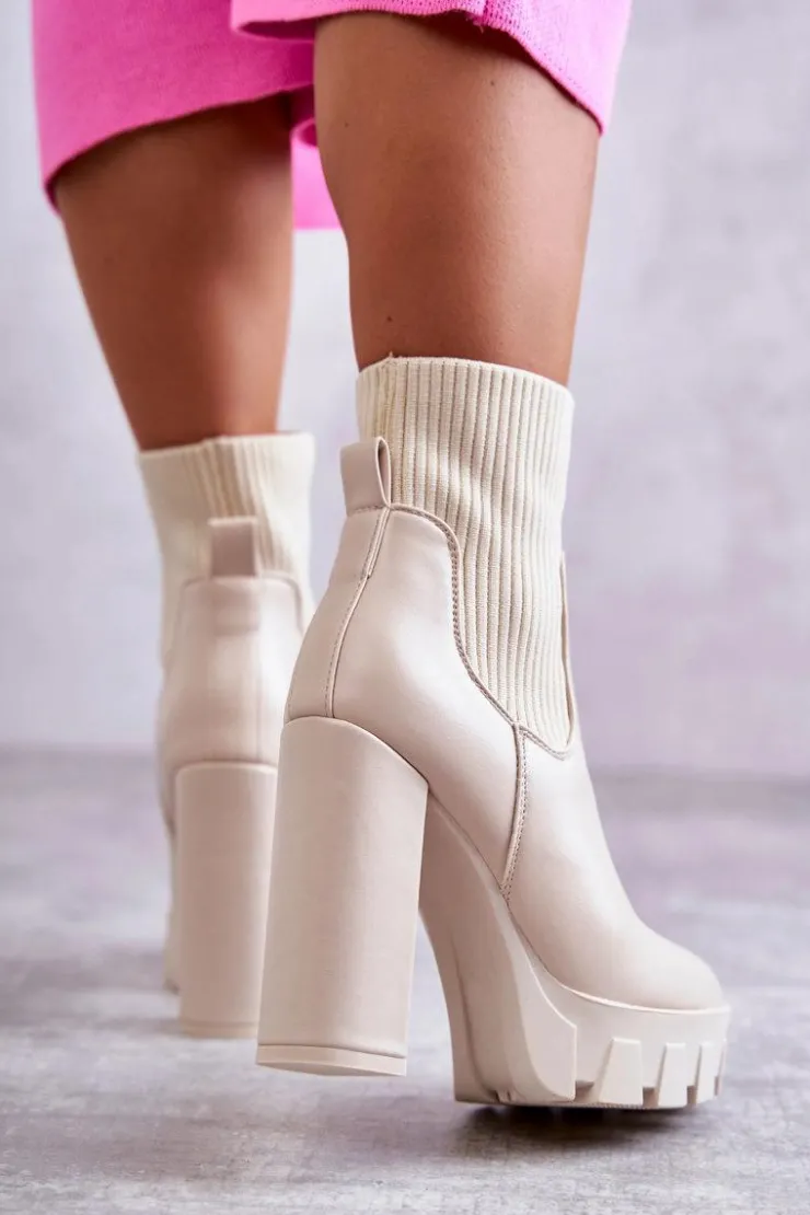 Boto Botki Na Słupku|Brązowe I Beżowe Botki*Damskie Skórzane Botki Ze Skarpetą Beżowe Adalyn