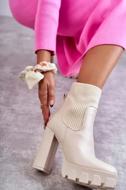 Boto Botki Na Słupku|Brązowe I Beżowe Botki*Damskie Skórzane Botki Ze Skarpetą Beżowe Adalyn