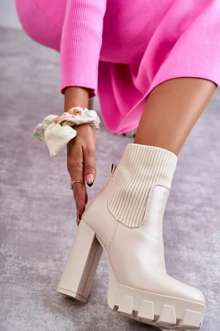 Boto Botki Na Słupku|Brązowe I Beżowe Botki*Damskie Skórzane Botki Ze Skarpetą Beżowe Adalyn