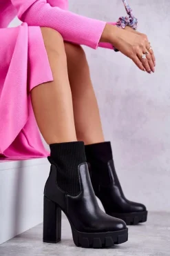Sale Boto Damskie Skórzane Botki Ze Skarpetą Czarne Adalyn