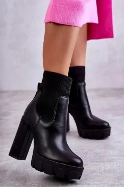 Sale Boto Damskie Skórzane Botki Ze Skarpetą Czarne Adalyn