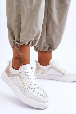 Evento Sneakersy Damskie*Damskie Skórzane Buty Sportowe Z Perforacją Biało-Złote Carvalo