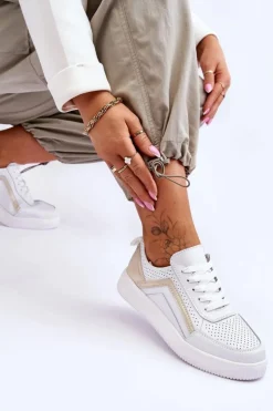 Evento Sneakersy Damskie*Damskie Skórzane Buty Sportowe Z Perforacją Biało-Złote Carvalo
