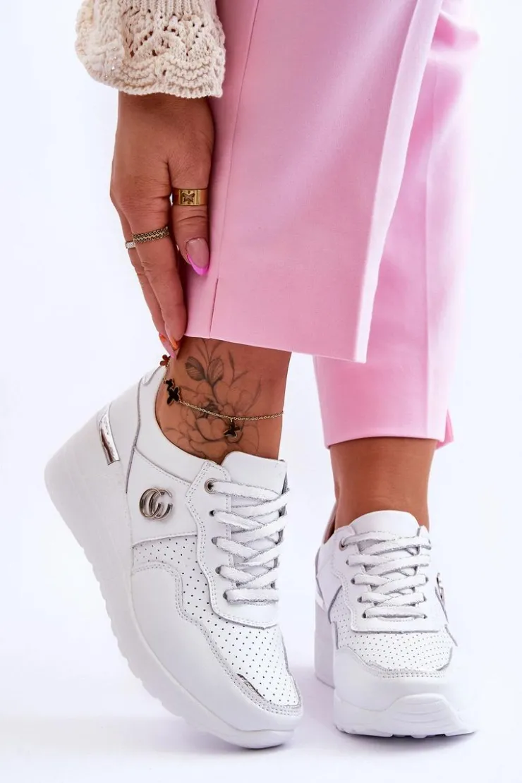 Damskie Damskie buty S.Barski Damskie Skórzane Buty Sportowe Na Koturnie Biało-Srebrne Rebeca