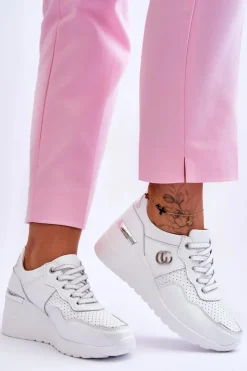 Damskie Damskie buty S.Barski Damskie Skórzane Buty Sportowe Na Koturnie Biało-Srebrne Rebeca