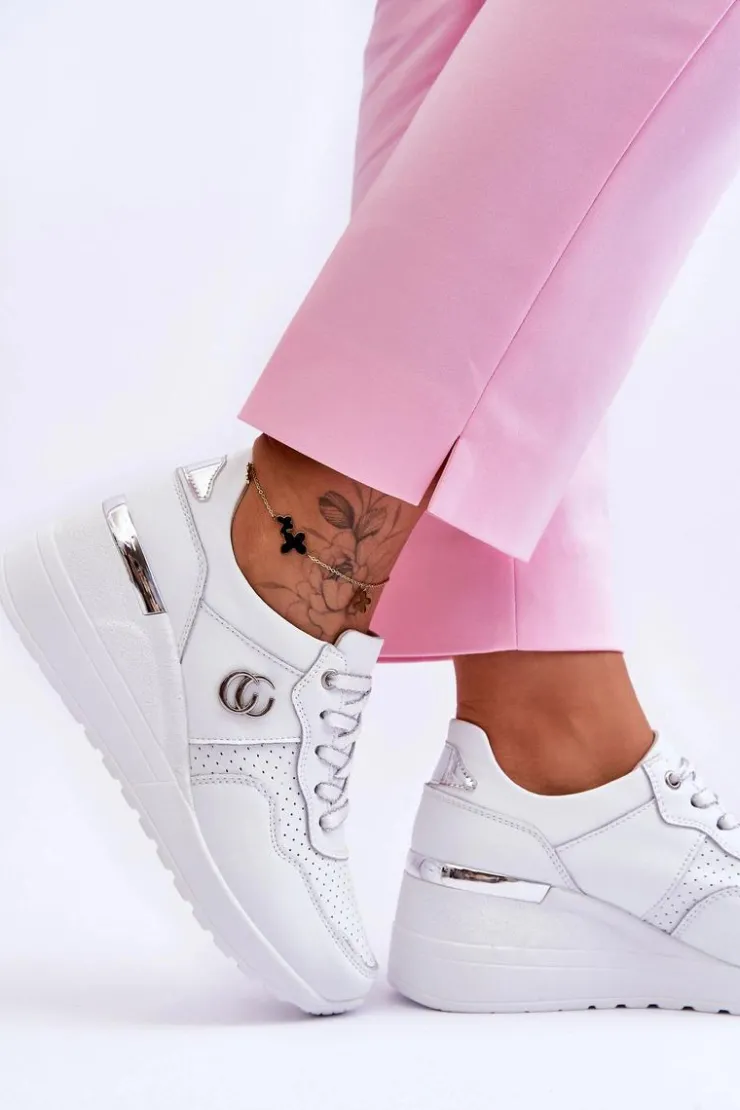 Damskie Damskie buty S.Barski Damskie Skórzane Buty Sportowe Na Koturnie Biało-Srebrne Rebeca