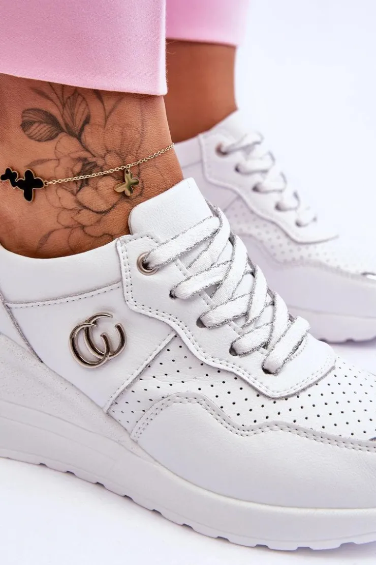 Damskie Damskie buty S.Barski Damskie Skórzane Buty Sportowe Na Koturnie Biało-Srebrne Rebeca