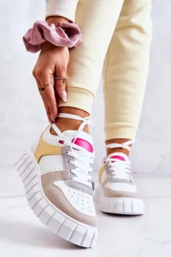 Boto Sneakersy Damskie*Damskie Skórzane Buty Sportowe Biało-Beżowe Florentine