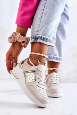 Damskie Damskie buty S.Barski Damskie Skórzane Buty Sportowe Na Koturnie Beżowo-Białe Larson