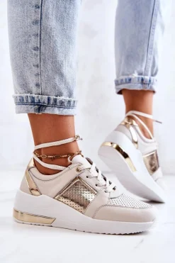 Damskie Damskie buty S.Barski Damskie Skórzane Buty Sportowe Na Koturnie Beżowo-Białe Larson